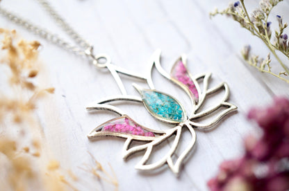 Real Pressed Flowers in Resin, Silver Lotus Necklace in Pink and Teal