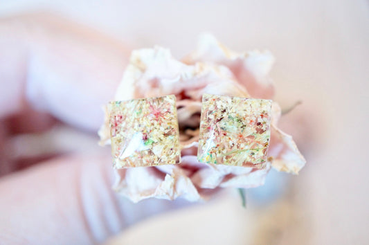 Real Pressed Flowers and Resin, Square Stud Earrings in Pastel Mix