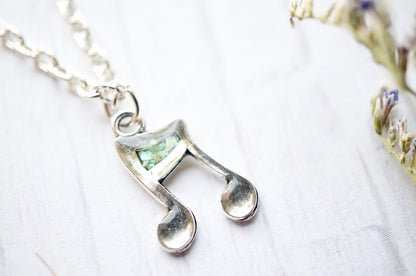 Real Pressed Flowers in Resin, Silver Music Note Necklace in Mint