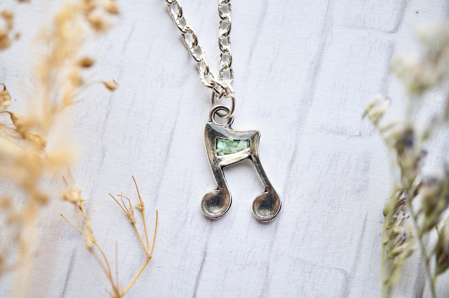 Real Pressed Flowers in Resin, Silver Music Note Necklace in Mint