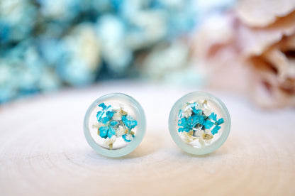 Real Pressed Flowers and Resin, Circle Stud Earrings in Mint and Teal