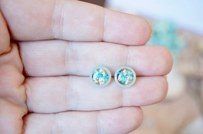 Real Pressed Flowers and Resin, Circle Stud Earrings in Blue and Light Pink