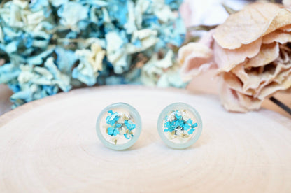 Real Pressed Flowers and Resin, Circle Stud Earrings in Blue and Light Pink