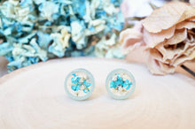 Real Pressed Flowers and Resin, Circle Stud Earrings in Mint and Teal