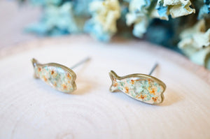 Real Pressed Flowers and Resin, Fish Stud Earrings in Mint and Orange