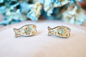 Real Pressed Flowers and Resin, Fish Stud Earrings in Mint and Orange