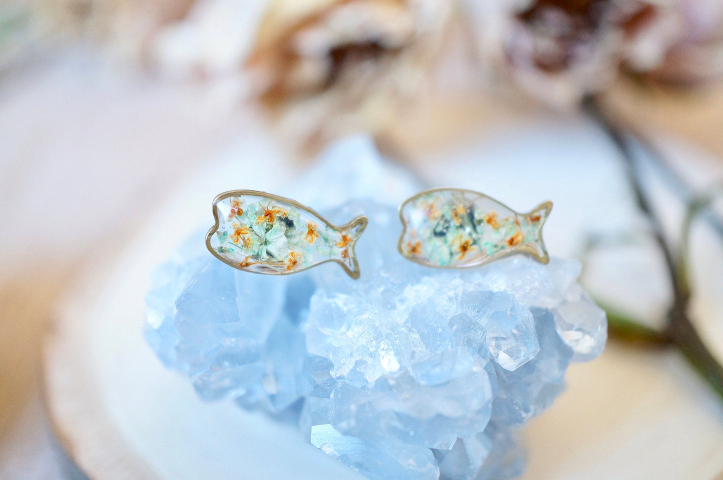 Real Pressed Flowers and Resin, Fish Stud Earrings in Mint and Orange