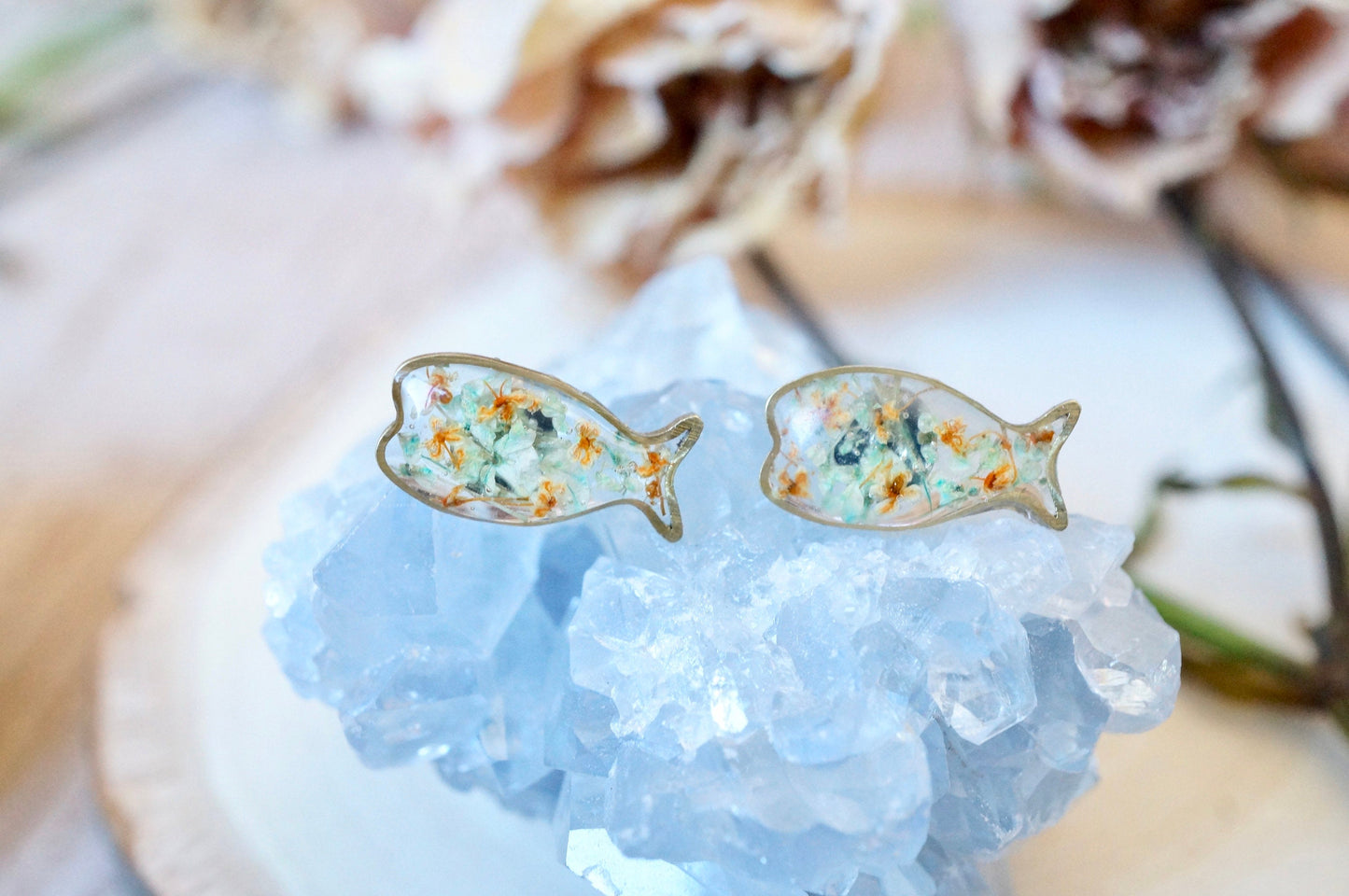 Real Pressed Flowers and Resin, Fish Stud Earrings in Mint and Orange