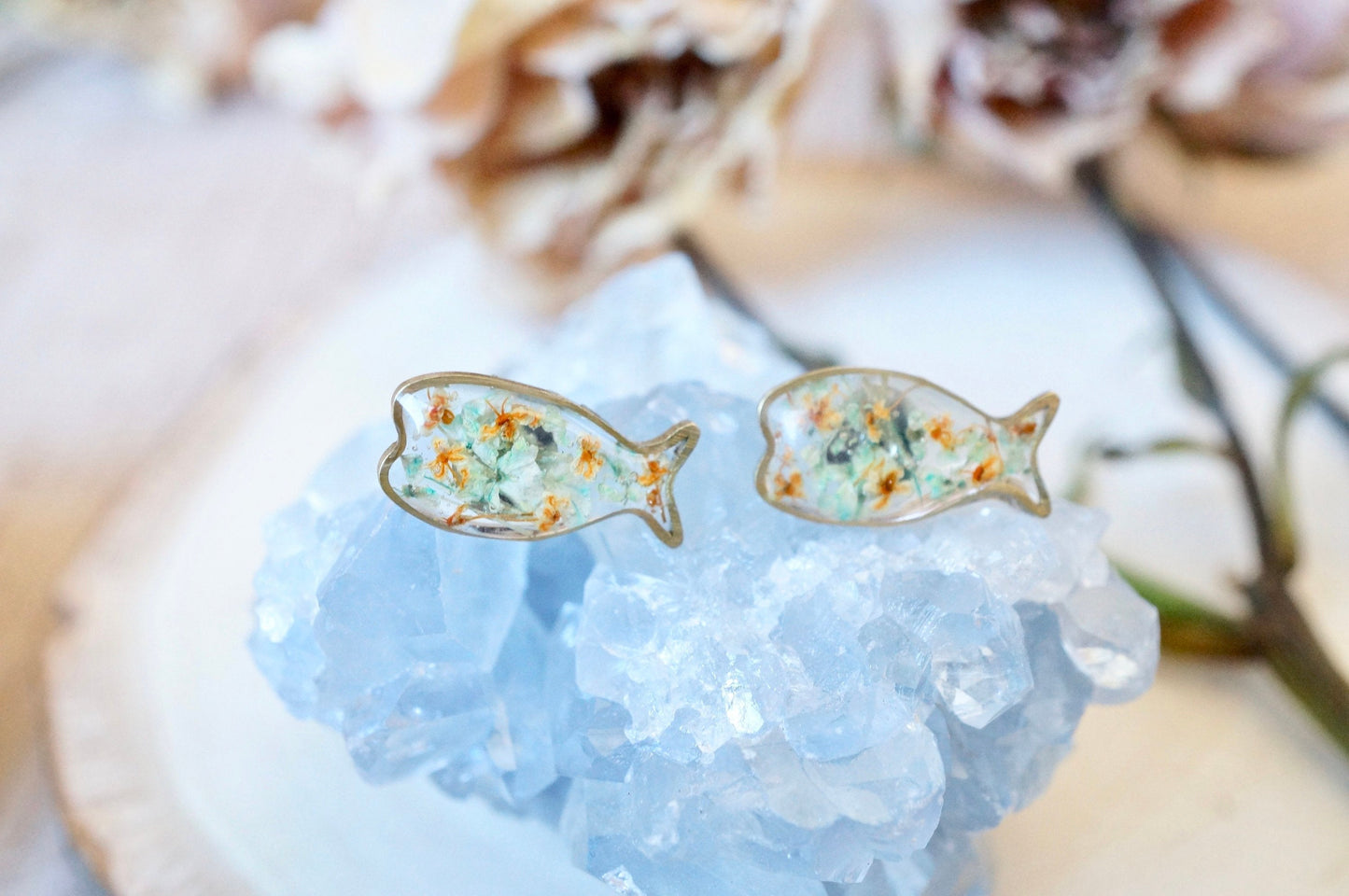 Real Pressed Flowers and Resin, Fish Stud Earrings in Mint and Orange