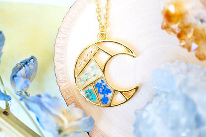 Real Pressed Flowers and Resin Necklace, Celestial Gold Moon Necklace in Blue Teal Mint White