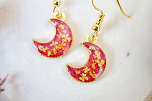 Real Pressed Flowers and Resin Dangle Earrings, Gold Moons in Pink Orange Yellow
