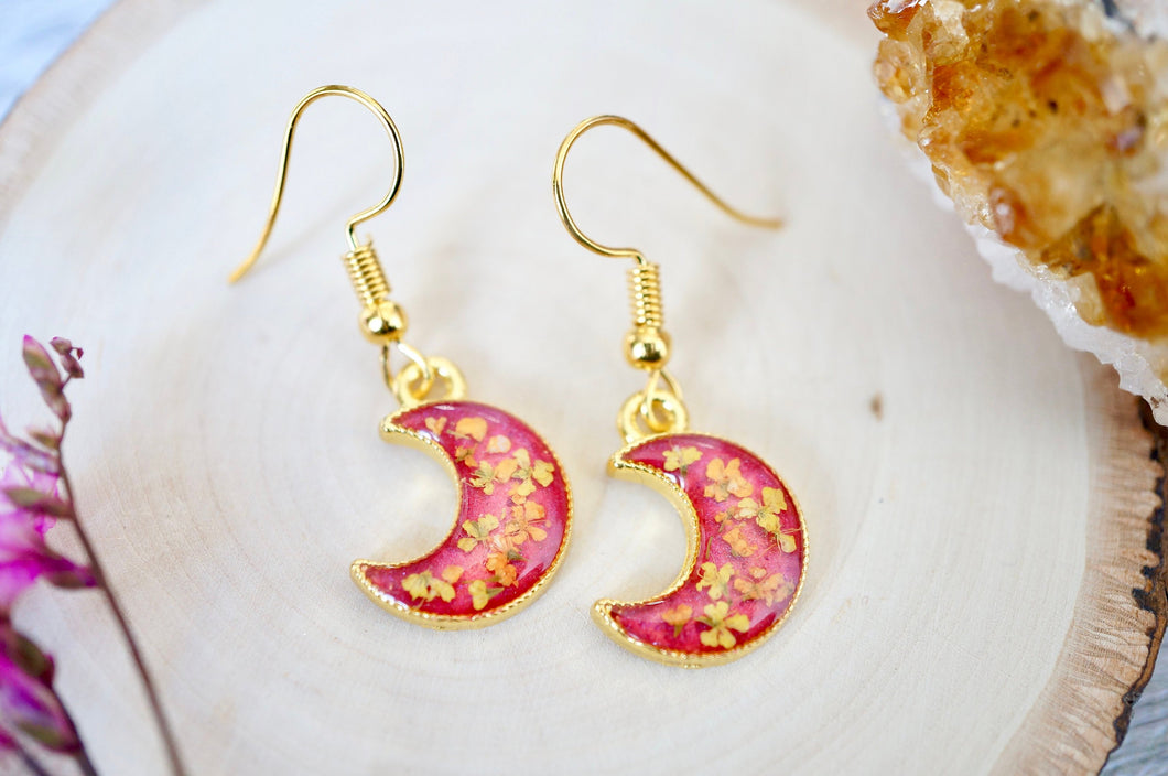 Real Pressed Flowers and Resin Dangle Earrings, Gold Moons in Pink Orange Yellow