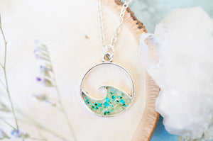 Real Pressed Flowers in Resin, Silver Circle Wave Necklace in Teal and Mint