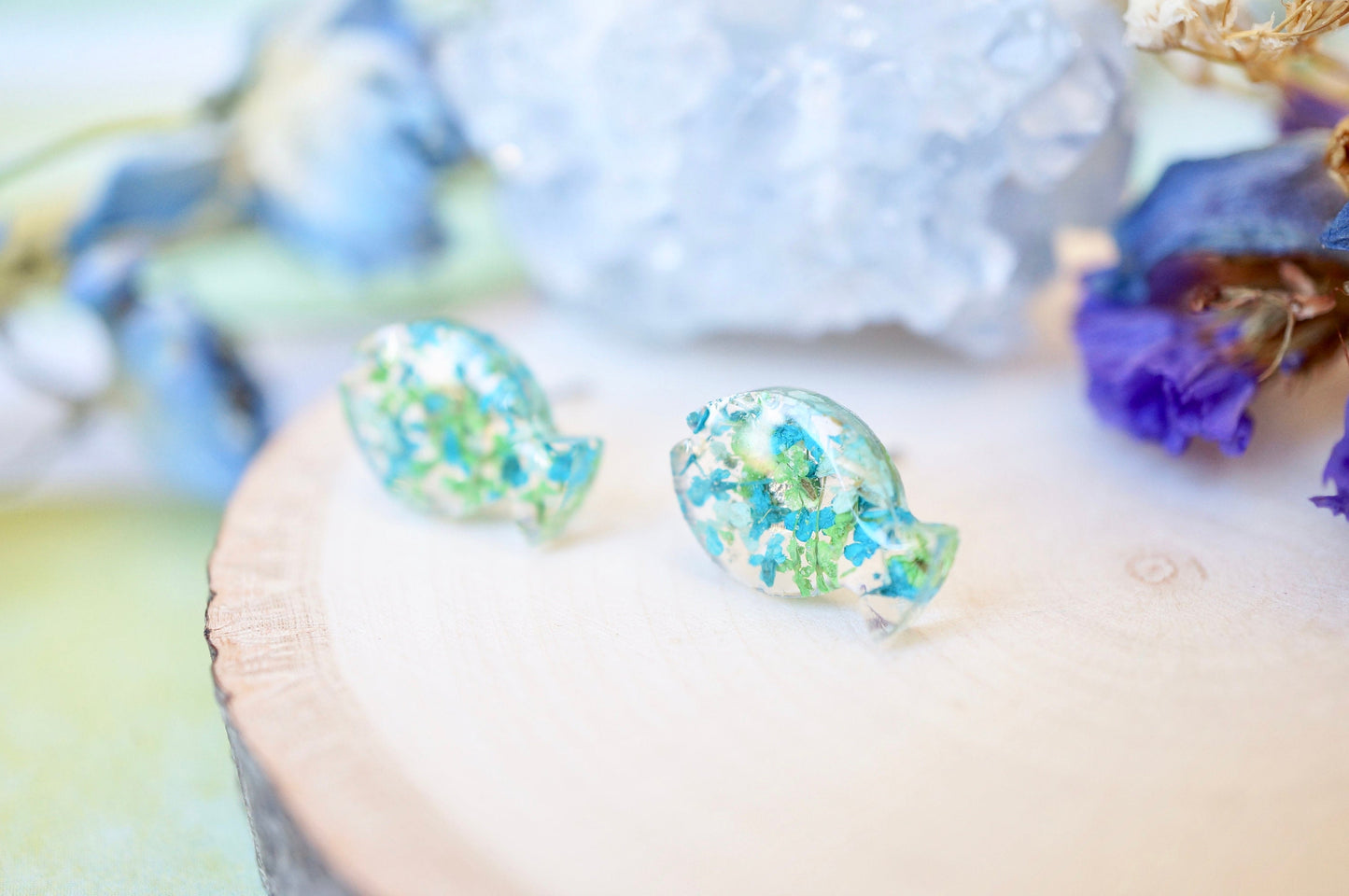 Real Pressed Flowers and Resin Fish Stud Earrings in Green Teal Mint