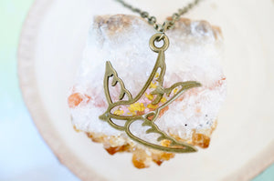 Real Pressed Flowers in Resin, Bronze Bird Necklace in Yellow and Light Pink
