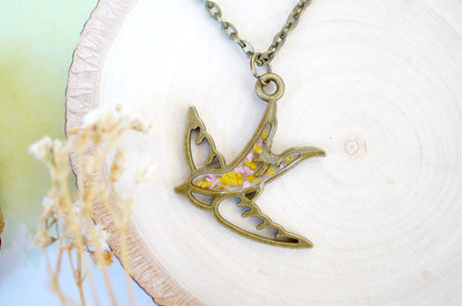 Real Pressed Flowers in Resin, Bronze Bird Necklace in Yellow and Light Pink