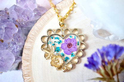 Real Pressed Flowers in Resin, Gold Heart Necklace in Teal and Purple