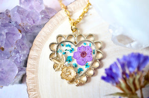 Real Pressed Flowers in Resin, Gold Heart Necklace in Teal and Purple