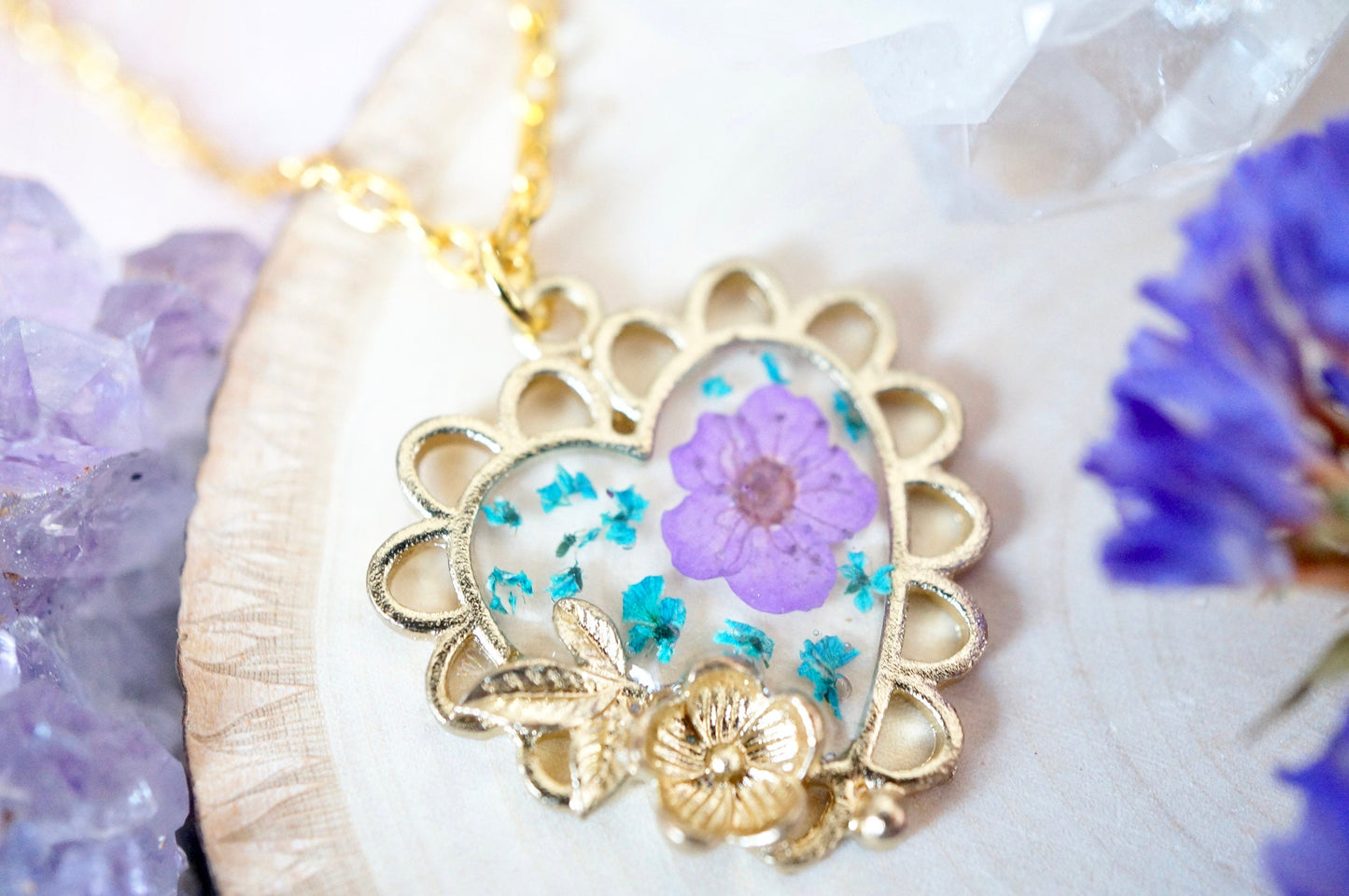 Real Pressed Flowers in Resin, Gold Heart Necklace in Teal and Purple