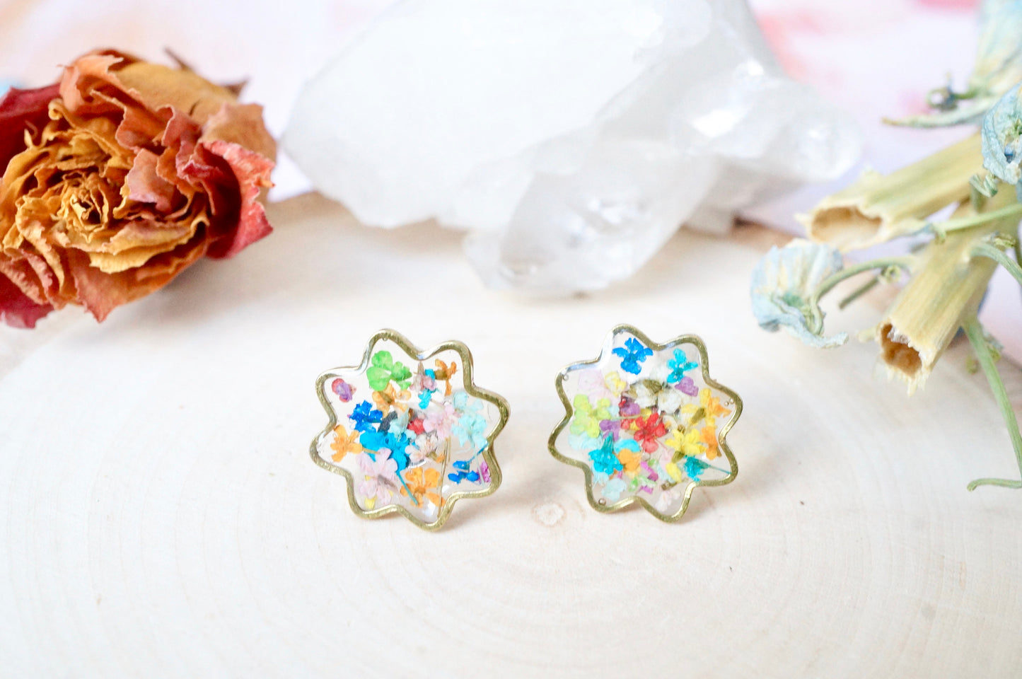 Real Pressed Flowers and Resin Flower Stud Earrings in Party Mix