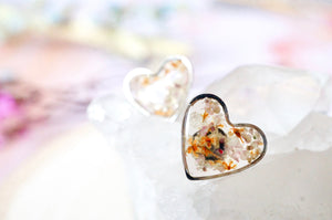 Real Pressed Flowers and Resin Stud Earrings, Silver Hearts in Orange and Pale Lavender
