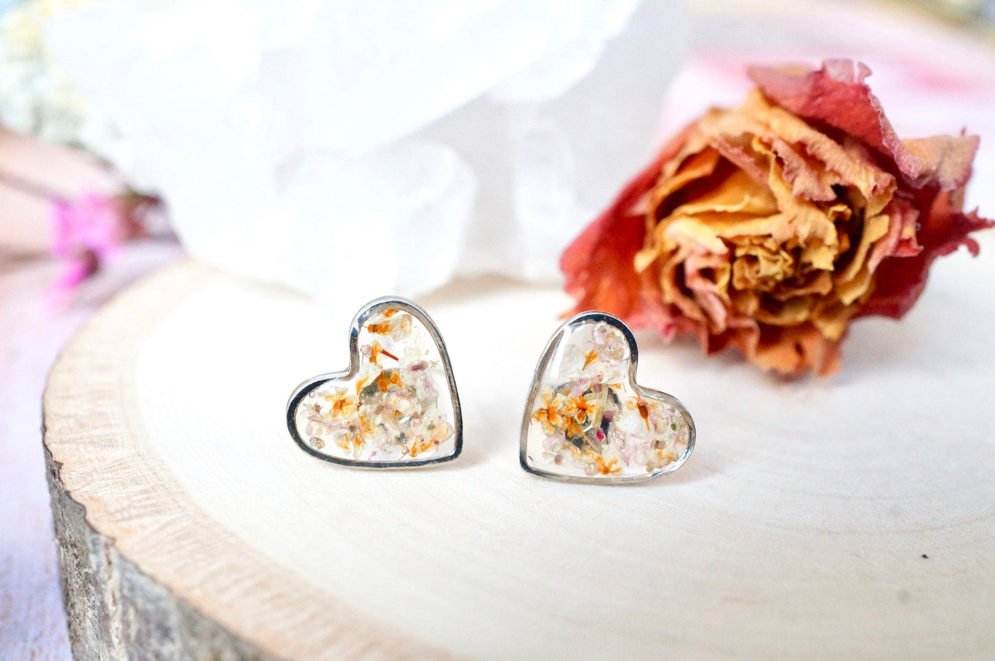 Real Pressed Flowers and Resin Stud Earrings, Silver Hearts in Orange and Pale Lavender