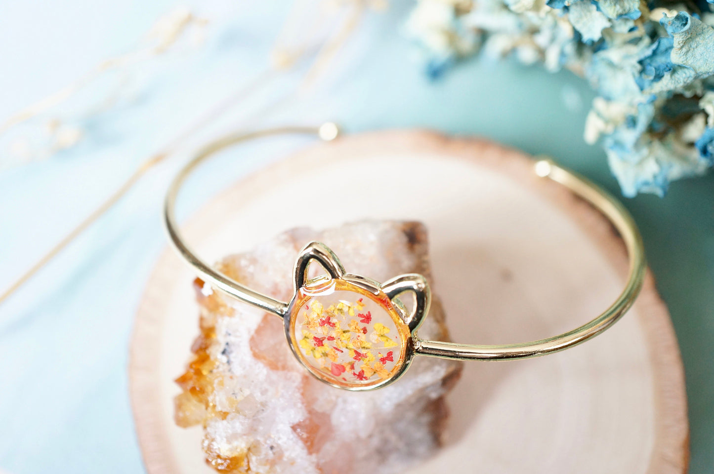 Real Pressed Flowers and Resin Bracelet, Gold Cat in Red Orange Yellow