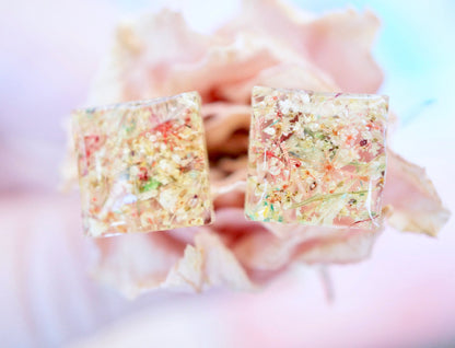 Real Pressed Flowers and Resin, Square Stud Earrings in Pastel Mix