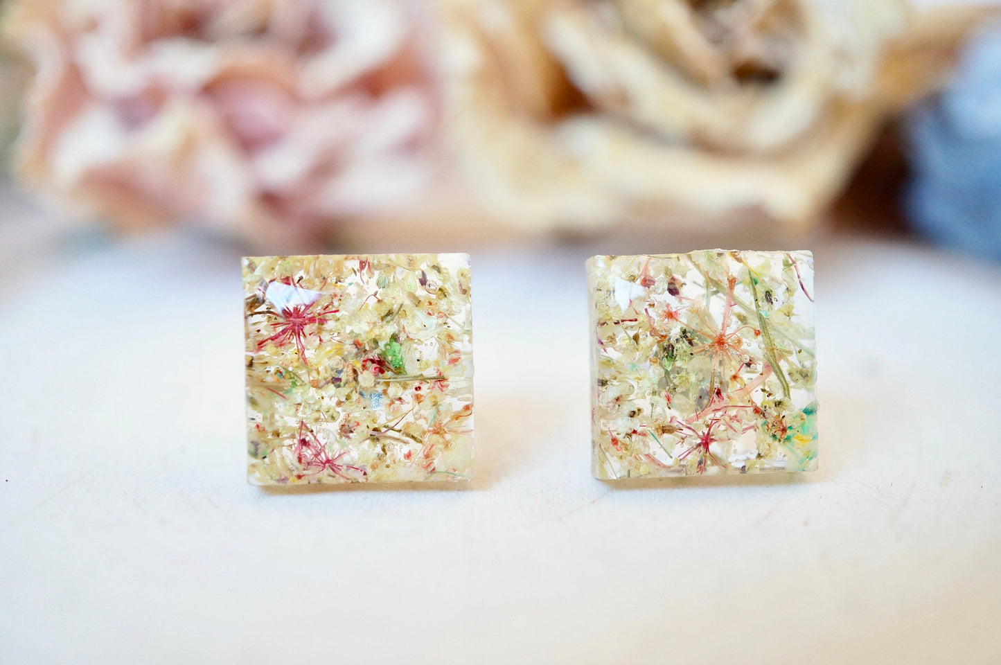 Real Pressed Flowers and Resin, Square Stud Earrings in Pastel Mix