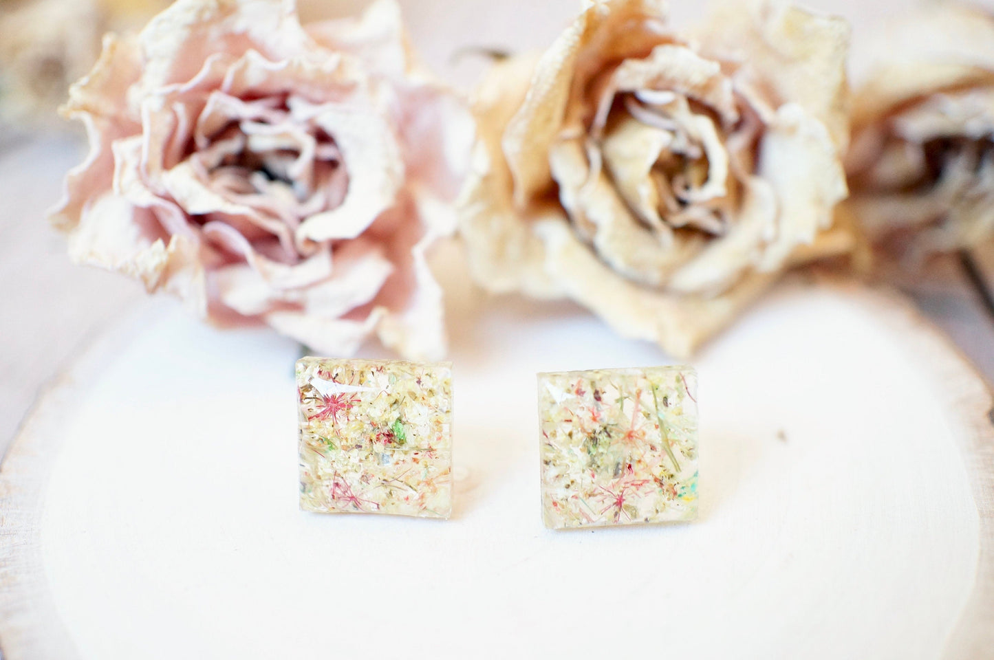 Real Pressed Flowers and Resin, Square Stud Earrings in Pastel Mix