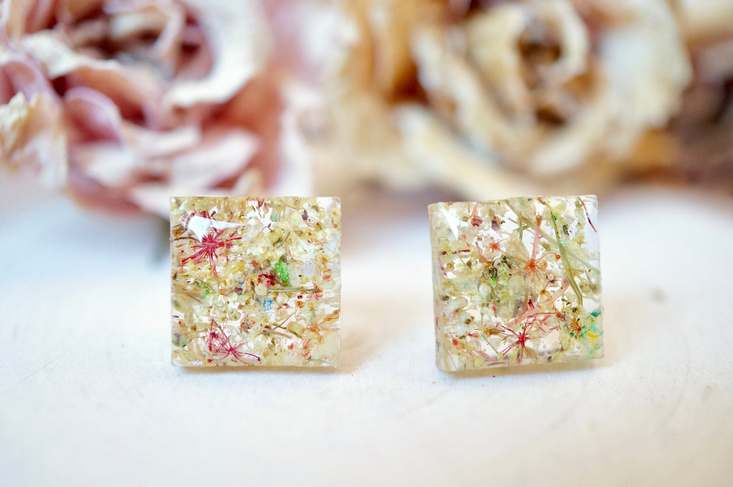 Real Pressed Flowers and Resin, Square Stud Earrings in Pastel Mix