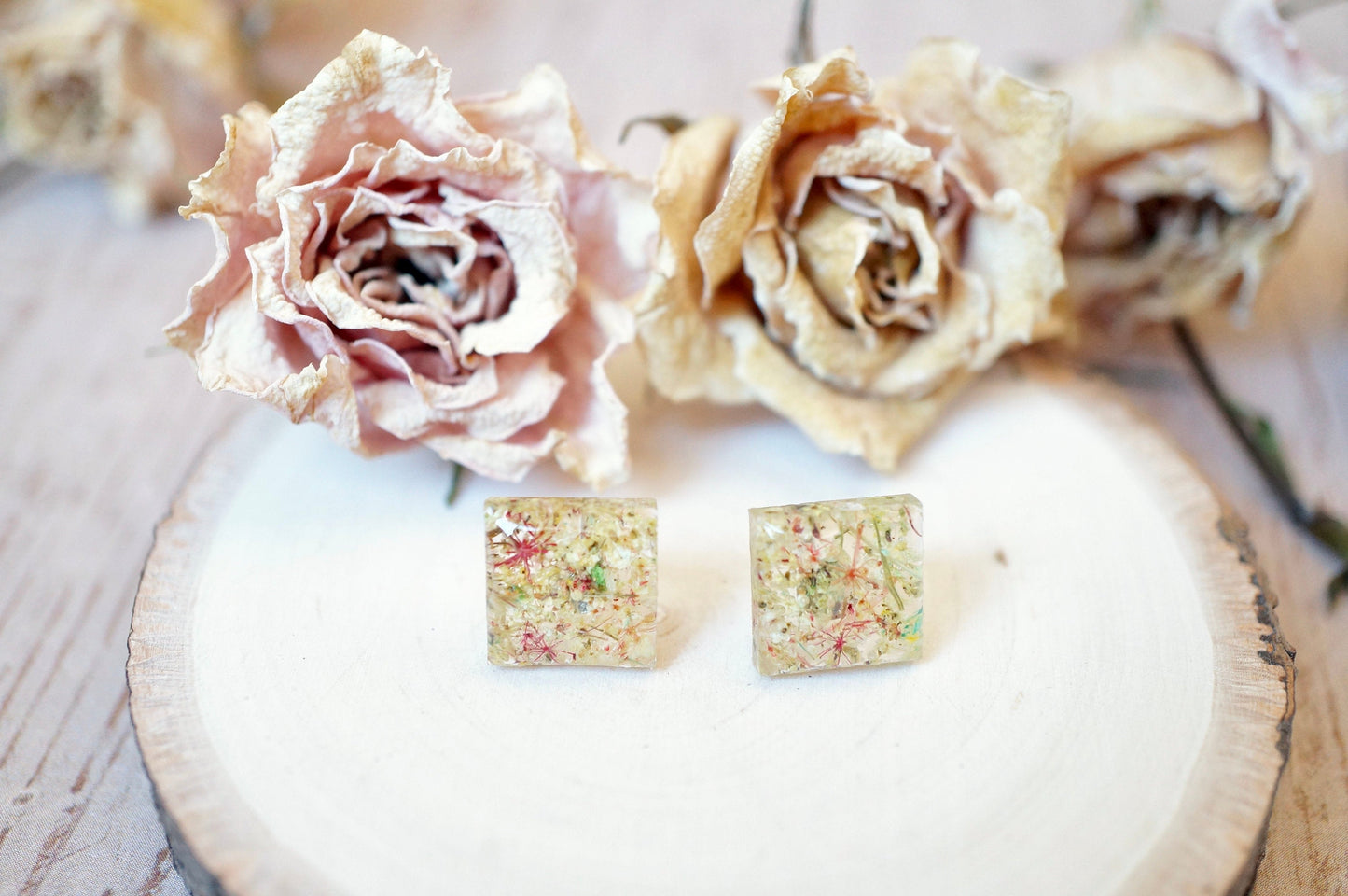 Real Pressed Flowers and Resin, Square Stud Earrings in Pastel Mix