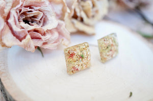 Real Pressed Flowers and Resin, Square Stud Earrings in Pastel Mix
