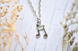 Real Pressed Flowers in Resin, Silver Music Note Necklace in Mint