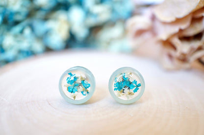 Real Pressed Flowers and Resin, Circle Stud Earrings in Mint and Teal