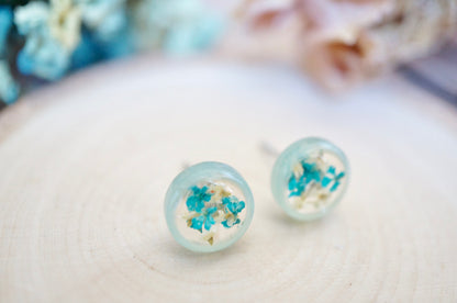 Real Pressed Flowers and Resin, Circle Stud Earrings in Mint and Teal