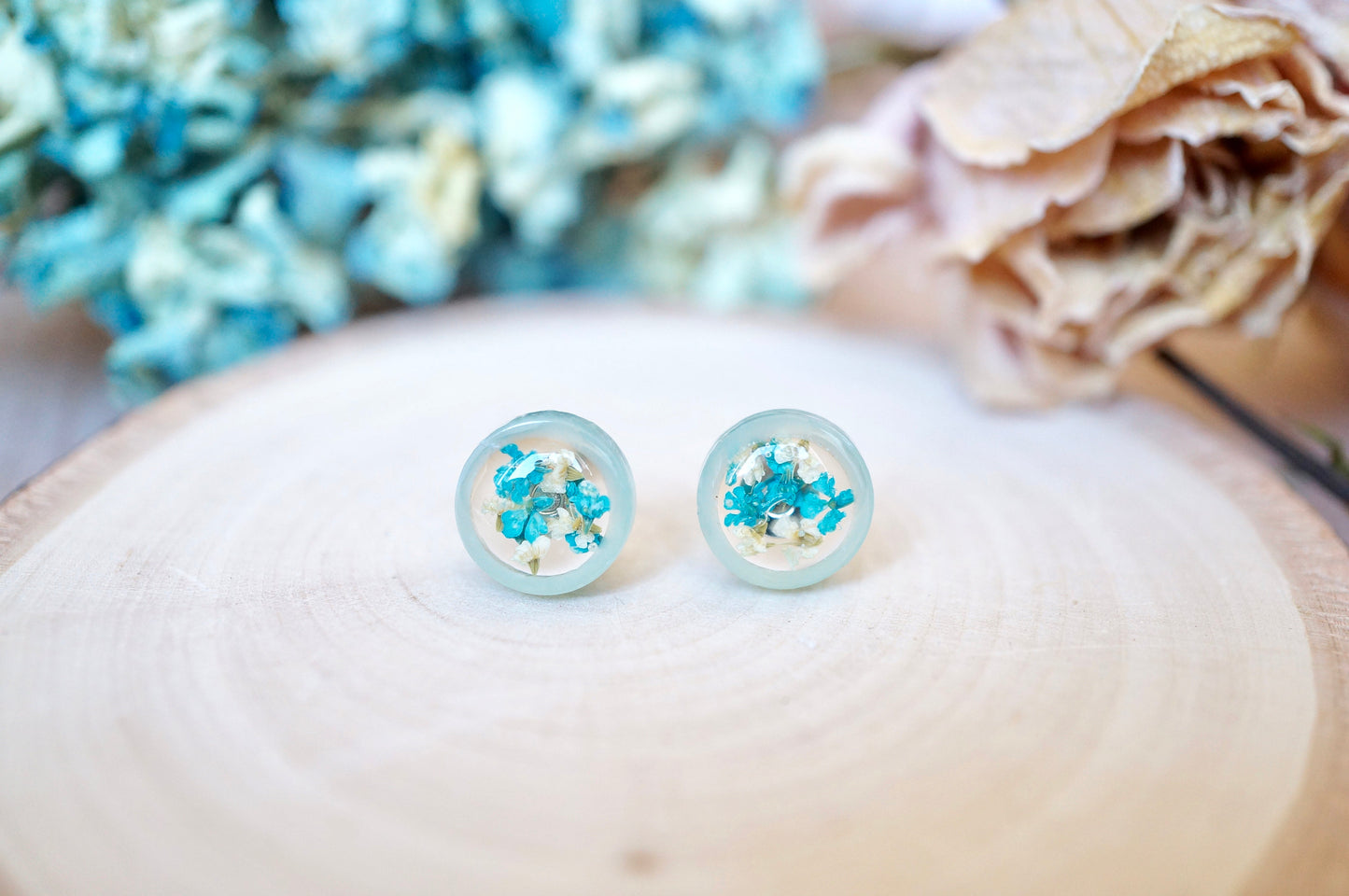 Real Pressed Flowers and Resin, Circle Stud Earrings in Mint and Teal