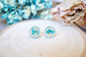 Real Pressed Flowers and Resin, Circle Stud Earrings in Mint and Teal