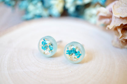 Real Pressed Flowers and Resin, Circle Stud Earrings in Mint and Teal