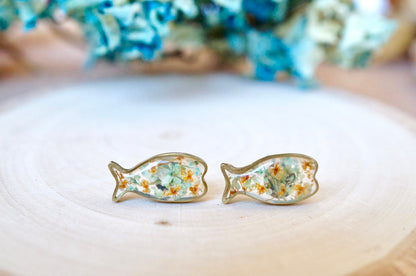 Real Pressed Flowers and Resin, Fish Stud Earrings in Mint and Orange