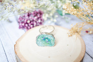 Real Pressed Flower and Resin Ring, Geode Druzy Silver Ring in Mint Purple Blue