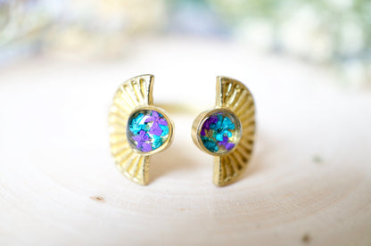 Real Pressed Flower and Resin Ring, Gold Sun in Teal and Purple