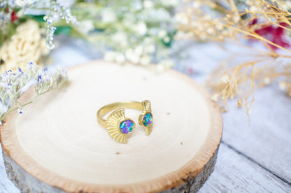 Real Pressed Flower and Resin Ring, Gold Sun in Teal and Purple