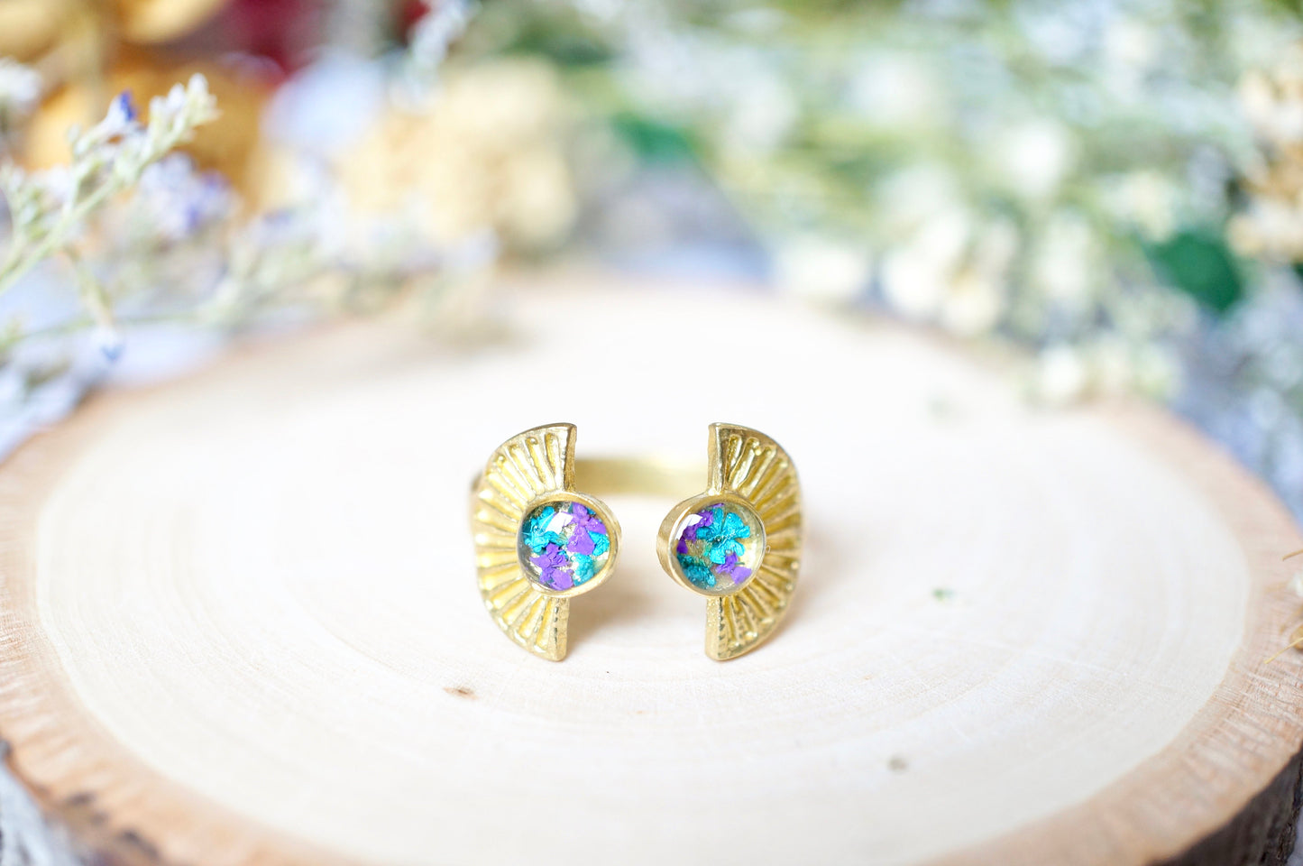 Real Pressed Flower and Resin Ring, Gold Sun in Teal and Purple