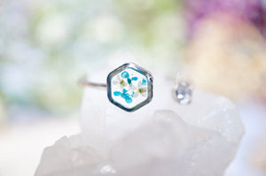 Real Pressed Flower and Resin Ring, Silver Hexagon in Teal and White