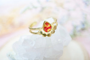 Real Pressed Flower and Resin Ring, Gold Teardrop in Red and Yellow