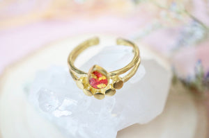 Real Pressed Flower and Resin Ring, Gold Teardrop in Red and Yellow