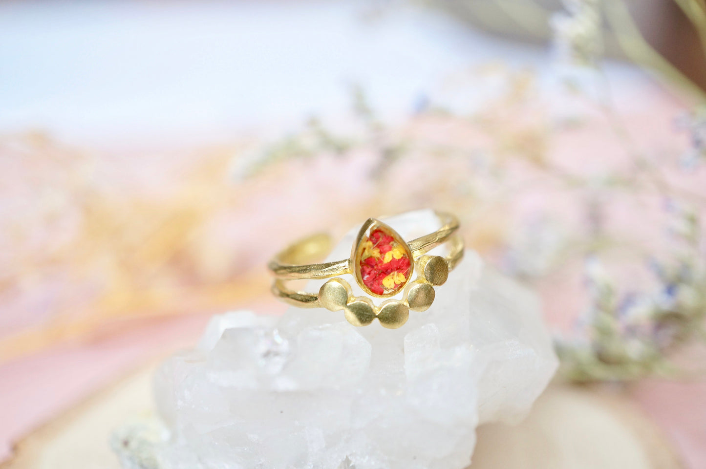 Real Pressed Flower and Resin Ring, Gold Teardrop in Red and Yellow