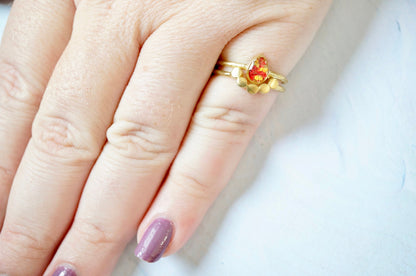 Real Pressed Flower and Resin Ring, Gold Teardrop in Red and Yellow