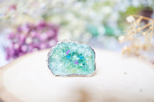 Real Pressed Flower and Resin Ring, Geode Druzy Silver Ring in Mint Purple Blue